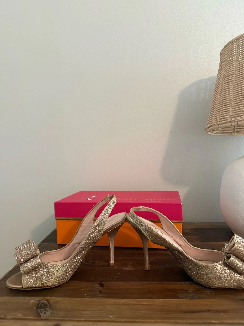 Kate Spade Rose Gold Glitter Slingback Peep-Toe Heels